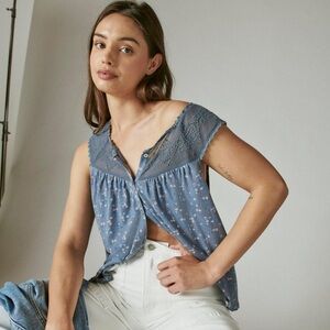 NWT Lucky Brand Printed Geo Embroidered Tank Top Blue Floral XL Cottage Boho. 10